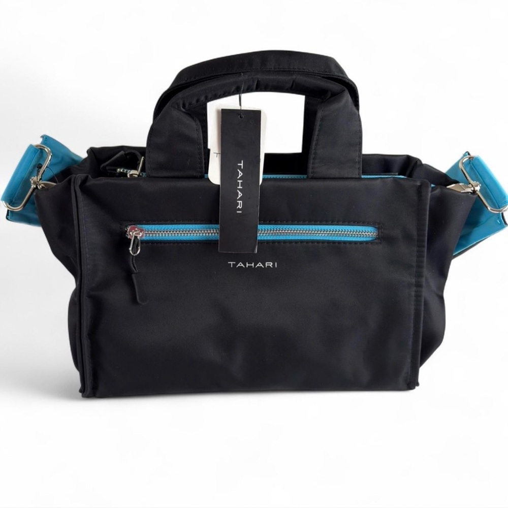 Tahari Black & Aqua Satchel bag with detachable strap.